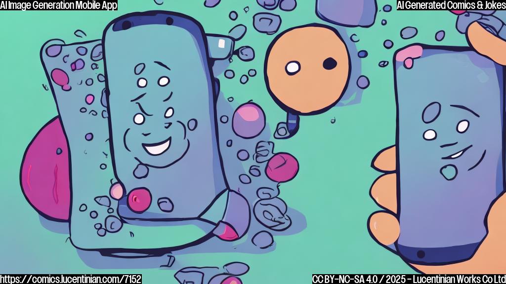 A cartoon phone character crying, with a speech bubble saying "It's not you, it's the prompts!", next to a phone screen showing a colorful, abstract AI-generated image with a sad face. The background is a plain light blue.