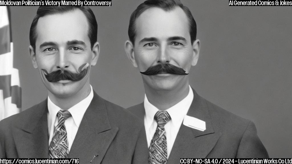 A man in a suit with a friendly smile and a hint of a mustache stands alone on a stage, looking slightly worn from the electoral process. The background is a blurred image of a divided country with flags and voting booths visible through a faint haze.