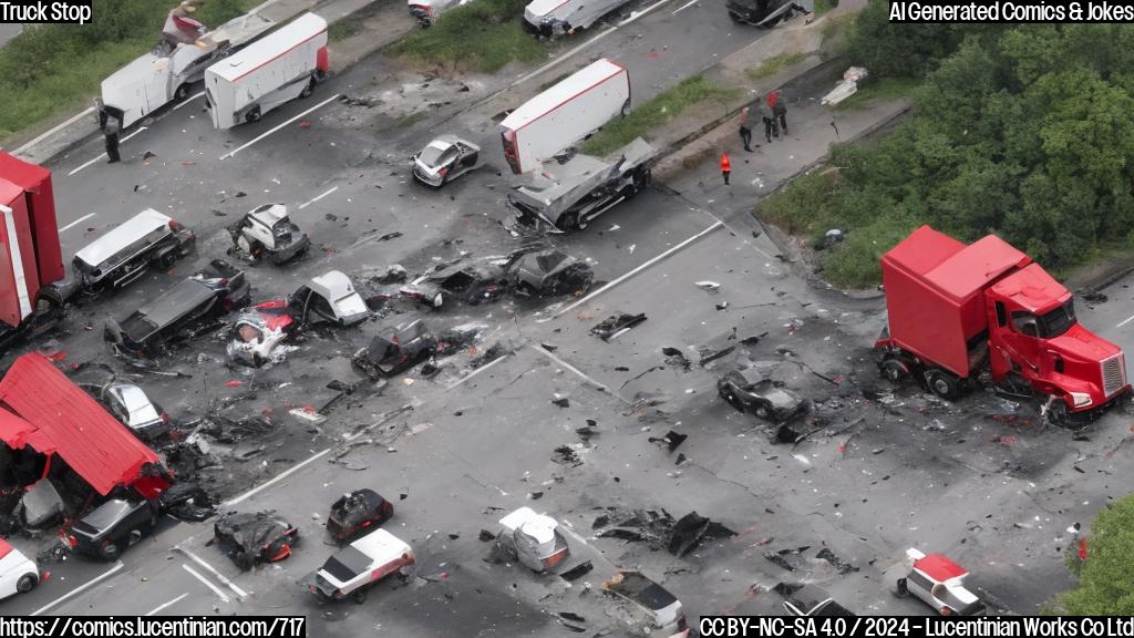 A large, red semitruck is seen crashed into several vehicles in a road filled with cars, while a small crowd of people can be seen standing nearby. The truck has significant damage and appears to have been traveling at high speed when it collided with the stationary vehicles.