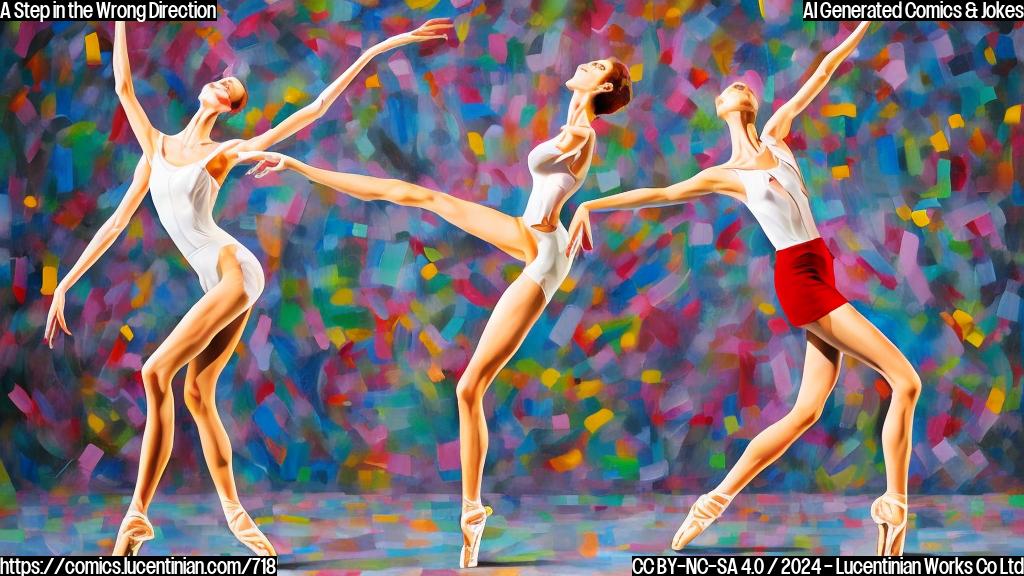 A tall, slender figure with a flexible body and long limbs is seen standing on one leg while holding onto a bar for balance, surrounded by scattered dance shoes and music sheets. The figure has a mix of modern dance and contemporary art elements in the background, such as a minimalist stage with bold colors.