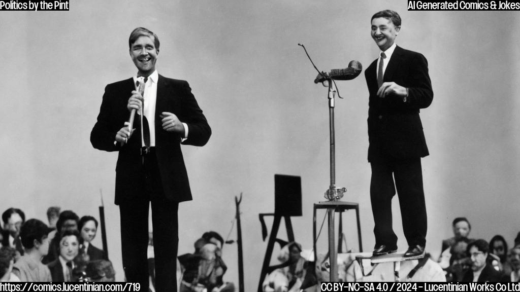 A smiling politician with a microphone stands on top of a raised platform, with a ladder leaning against it in the background. The politician's podium and the audience are blurred out of focus.