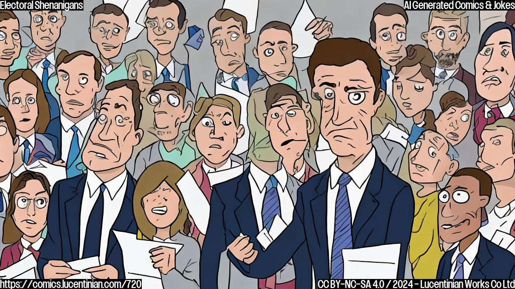 A cartoon-style image of a person holding a clipboard with a confused expression, surrounded by a group of people who are not really listening to them, while another person in the background is secretly counting votes.