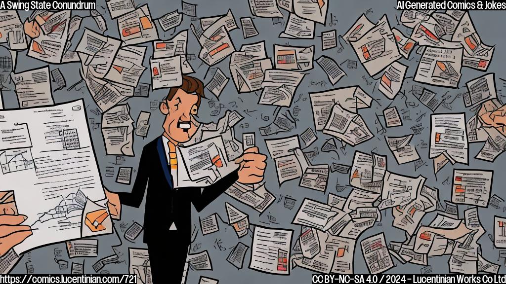 Draw a cartoon of a person holding a stack of papers with a confused expression, surrounded by charts and graphs with varying electoral margins.