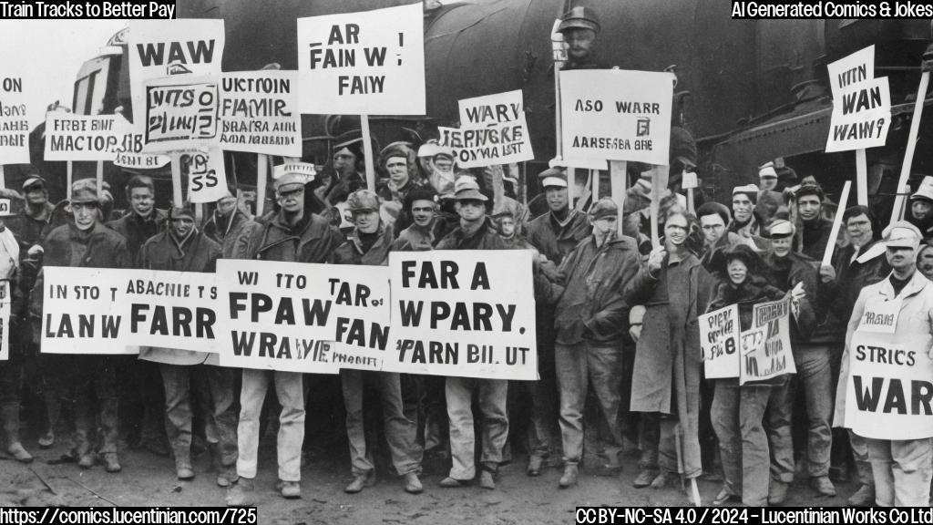 A large group of people in union uniforms holding picket signs, standing in front of a train with a striking background. One worker is holding a sign that says "Fair Pay Now" while another worker in the back is giving a thumbs up.