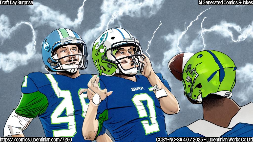 A confused football player in a blue and green uniform, scratching his helmet, standing next to a coach pointing upwards with a determined look. The sky above them is filled with footballs trailing smoke like rockets. Cartoon style, plain colors.