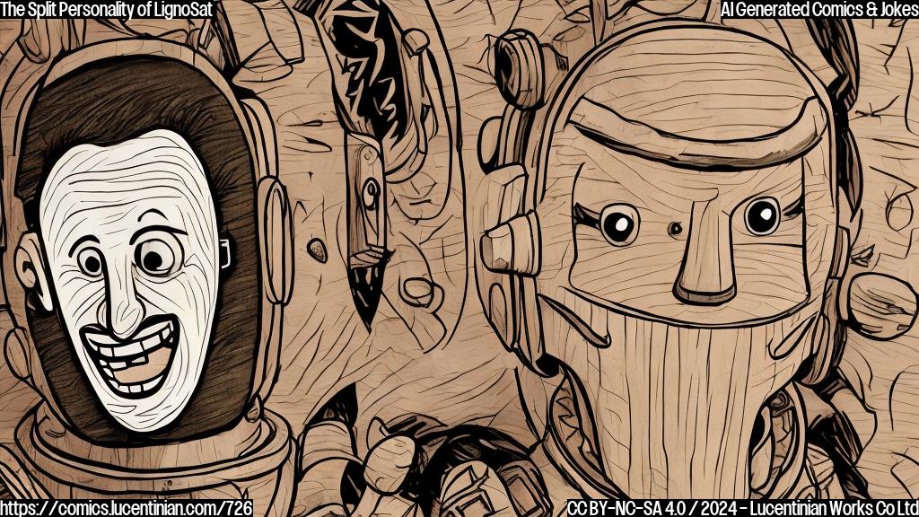 Draw a cartoon style image of a smiling, anthropomorphic piece of wood (wooden astronaut) with a split personality, sitting on a therapist's couch, with various split-personality masks or emotions on each half.