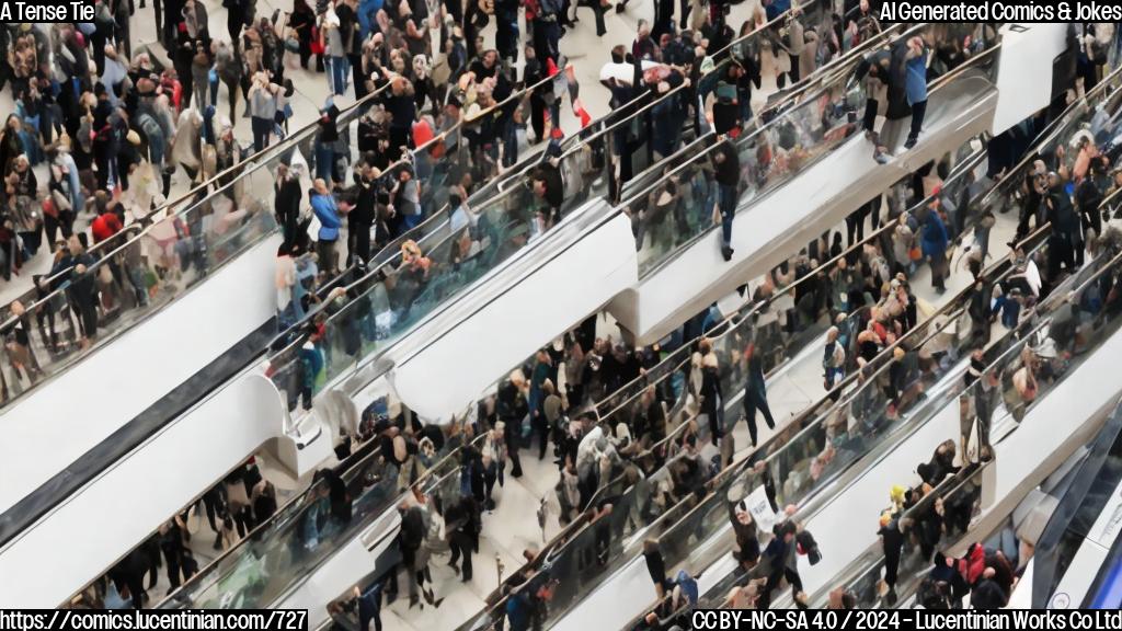 a man and a woman standing on opposite sides of an escalator, one hand up in the air, the other holding onto the railing for balance, with a large crowd behind them