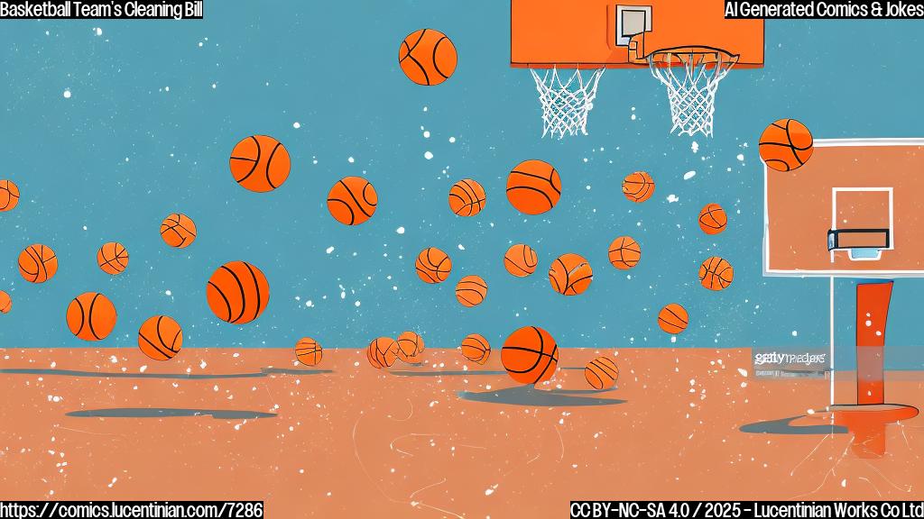 Cartoon style, plain orange background, basketball court after a game, with scattered basketballs, towels, and water bottles.