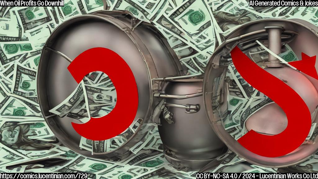 A cartoon of a smiling oil barrel with a thought bubble, surrounded by oil wells and money signs, with a red "down" arrow pointing downwards, indicating a drop in profits.