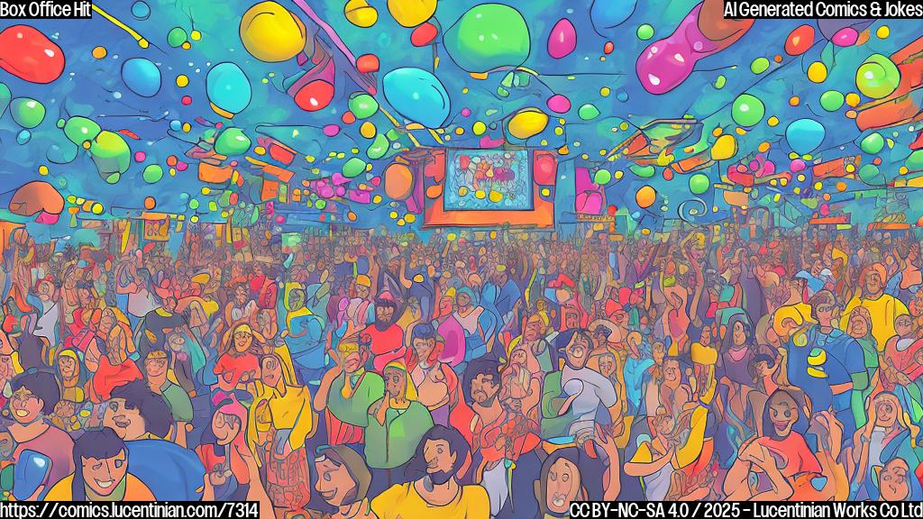 a cartoon style image, plain background, depicting a overflowing movie theater with people excitedly rushing inside, bright colors