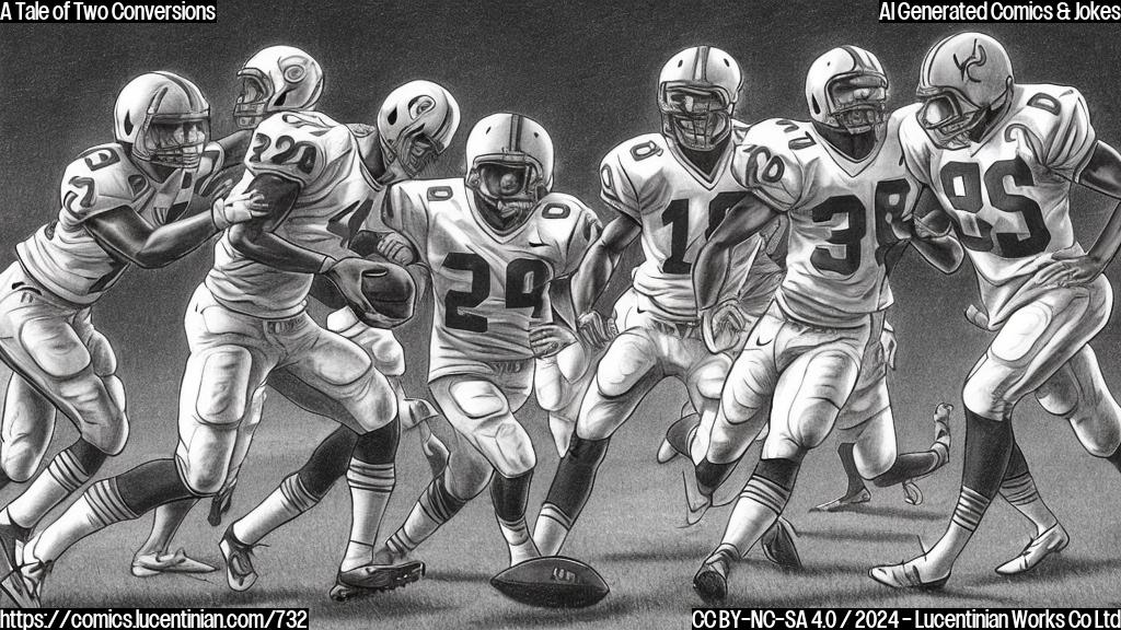 Draw a cartoon style picture of a football field with a coach standing on the sidelines, looking worried and holding his head in his hands. In the background, there are two defenders tackling a player who is about to score a touchdown. The coach's team is wearing dark colors, while the opposing team is wearing light colors.