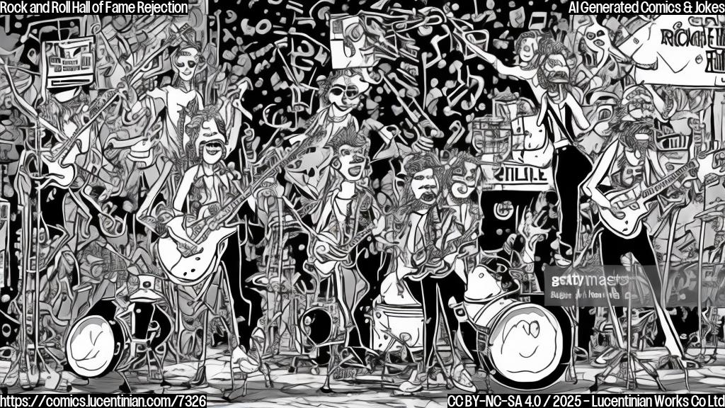 A confused looking cartoon band with guitars and drums standing outside a building with a sign that says "Rock and Roll Hall of Fame - Rejected!". The band members are a tall man with a spiky hair, a woman with a bass guitar and sunglasses, and a drummer with long beard. The cartoon style should be plain colors.