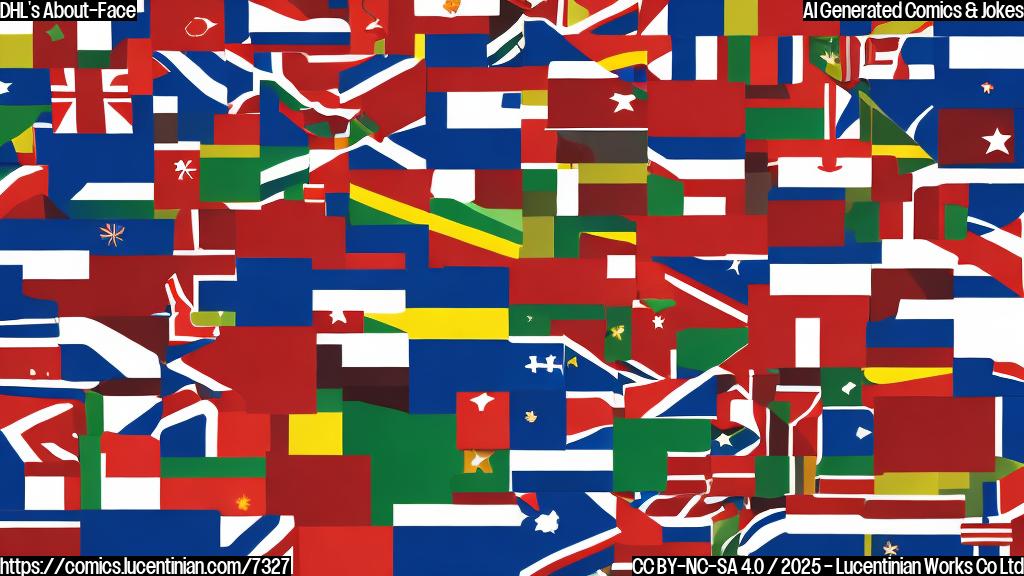 cartoon, plain background, a brown cardboard box with shipping labels and a surprised expression, bouncing back and forth between two countries represented by simple flat flags.