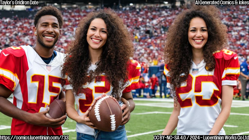 a woman with curly brown hair and a bright smile sitting in the stands of an American football stadium, wearing a team jersey and holding a football-themed accessory, next to a tall man with a matching Chiefs jersey and a football under his arm