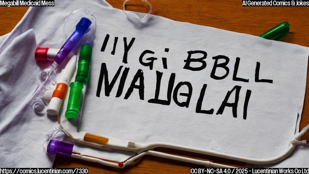 Cartoon image of a very large document labeled "Megabill" lying in a hospital bed with an IV drip. The IV bag is labeled "Medicaid". The document looks distressed. The style is simple and brightly colored.