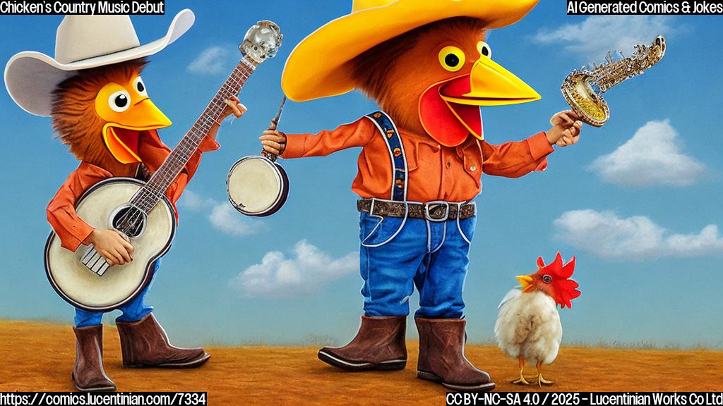 A cartoon chicken wearing a tiny cowboy hat and boots, holding a miniature banjo, stands in front of a simple, brightly colored barn with a musical note above it. The sky is a clear blue.