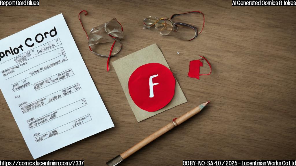 Cartoon image of a sad-looking report card with a big red "F" on it, lying on a desk with a crumpled piece of paper next to it. The report card has a generic title like "First Term Review" and a disappointed face drawn where the student photo would be. Background should be a simple, plain color, cartoon style.