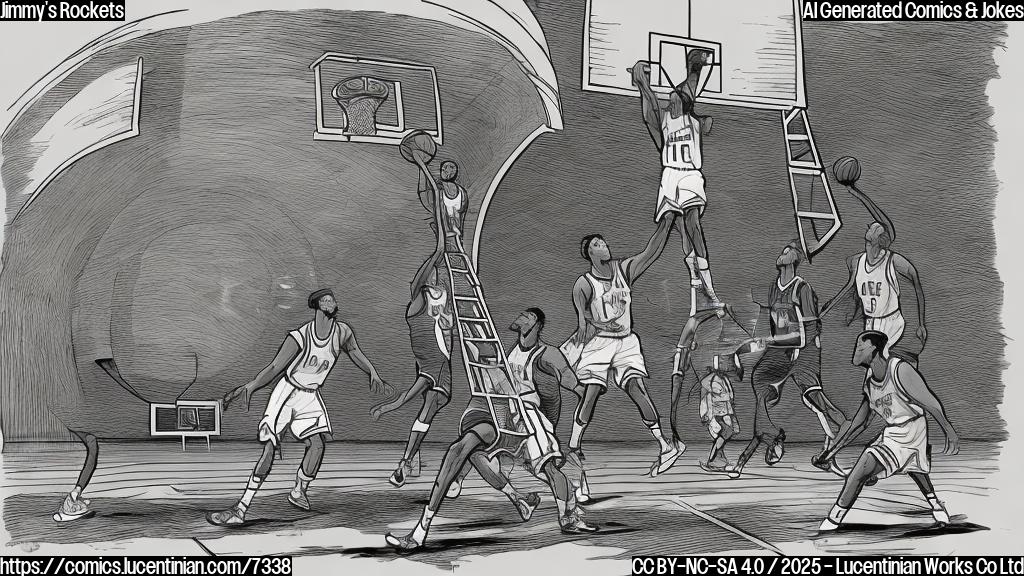 A cartoon drawing of a basketball player with a determined look on his face, struggling to carry a comically large ladder onto a basketball court. The court is simple, with just the free-throw line and basket visible. The color scheme is plain and cartoonish.