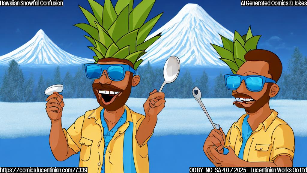 cartoon style, plain light blue background, a tourist with a Hawaiian shirt and sunglasses looking confused at a snow-covered volcano, holding a spoon with white powder, thought bubble showing pineapples.