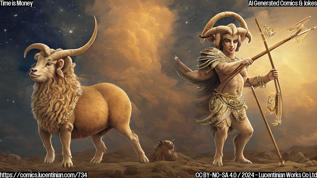 Aries with a ladder, standing in front of a career-themed background, surrounded by rising arrows and stars, with a confident expression on its face.