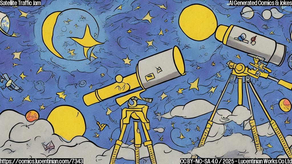 A plain color cartoon style picture of a telescope pointed at the night sky, filled with many cartoon satellites. A police car is giving the telescope a speeding ticket.