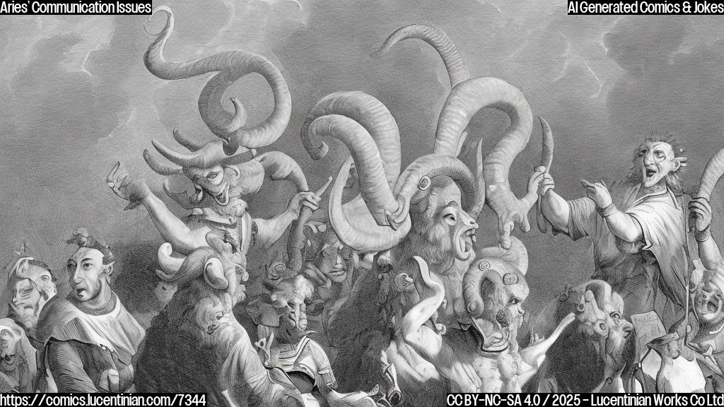 A cartoon style image of a frustrated Aries, depicted as a ram with large, curved horns, trying to use a megaphone to speak to a crowd. The crowd is shown with confused expressions and speech bubbles filled with gibberish. The background is a plain light blue.