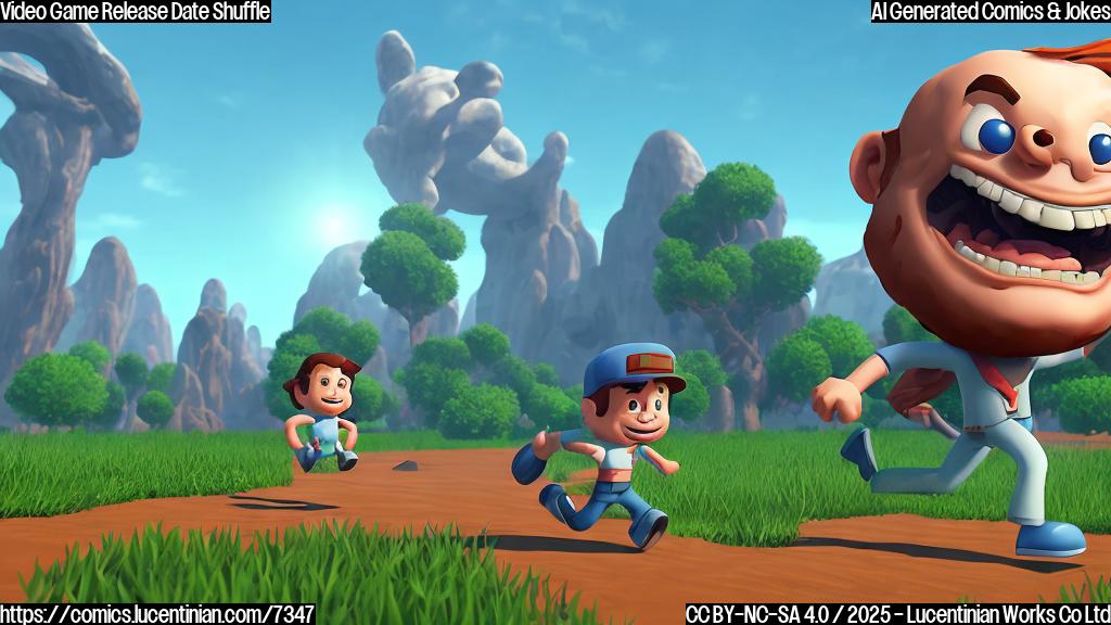 A plain cartoon image depicting a small, pixelated video game character running away from a giant, imposing, open-world video game character. The small character has a thought bubble saying "Uh oh!". The big character has a smirk. The background is a simple blue gradient.