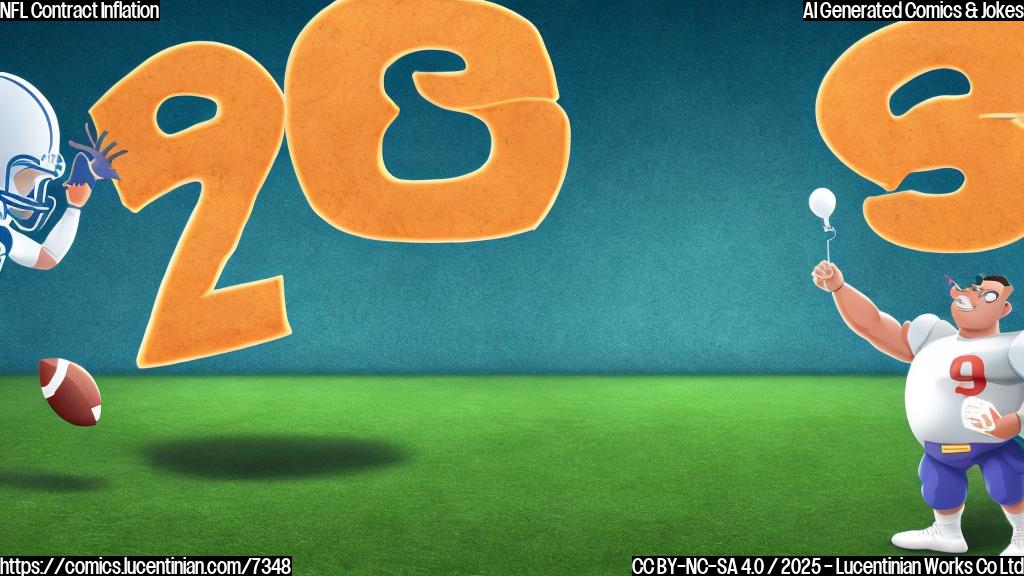 Cartoon drawing of a muscular football player looking suspiciously at a very large, balloon-like number floating above a contract on a table. The background is a simple, plain colored football field. The number is shaped like the last year's salary.