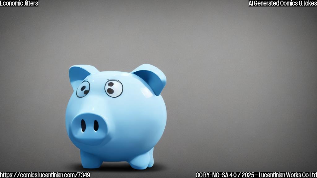 A sad looking, cartoon-style, blue colored piggy bank wearing a worried expression, standing next to a deflated trampoline on a plain white background.