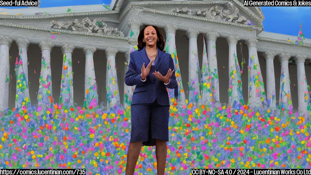 A colorful illustration of a female politician (resembling Kamala Harris) standing on the iconic steps of the Art Museum in Philadelphia, surrounded by enthusiastic supporters and with a few birdseed-filled bags nearby. The background should be a bright blue sky with fluffy white clouds. The image should convey a sense of energy and optimism.