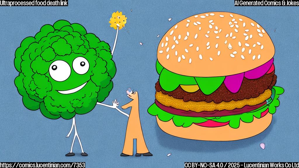 A sad, brightly colored cartoon burger is waving goodbye to a smiling, bright green cartoon broccoli floret. The burger has tears in its sesame seed eyes. The background is a simple, plain light blue.