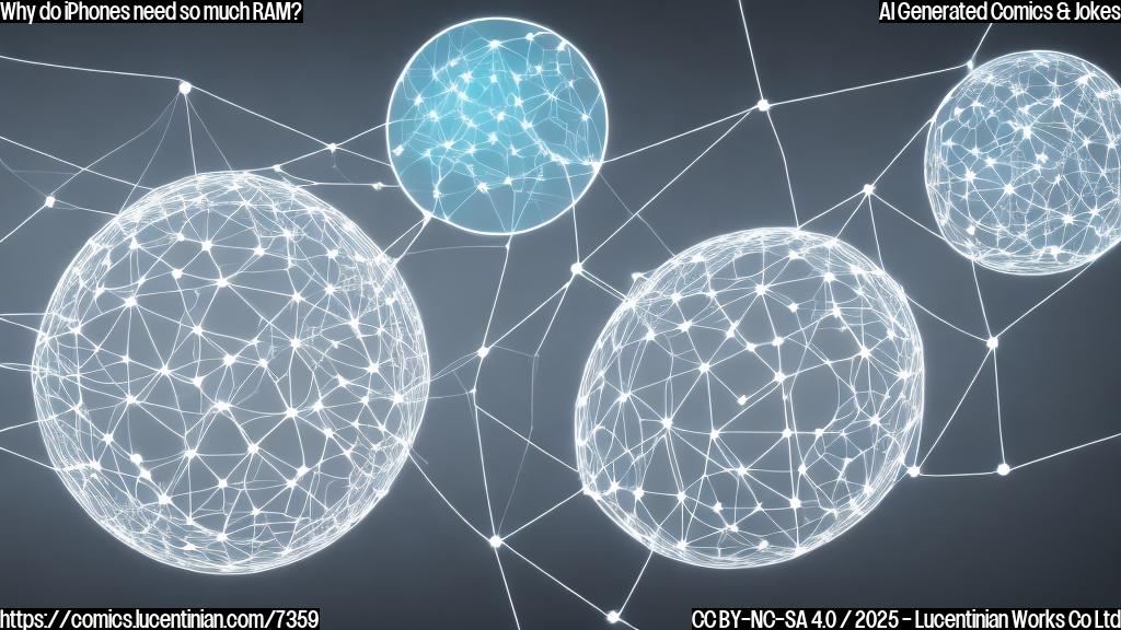 a smartphone with a large, rounded screen and a sleek metallic body is sitting on a desk with a thought bubble above its head showing a complex network of interconnected nodes and data streams