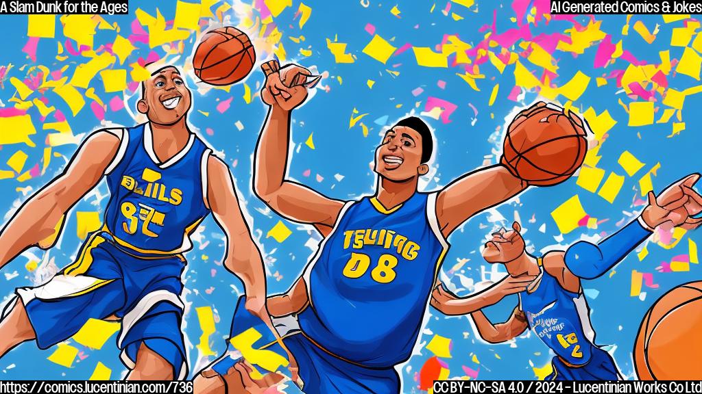 Draw a cartoon of an energetic basketball player, wearing a blue jersey with white numbers (8) and holding a basketball. The player should be in mid-air, jumping towards the hoop while surrounded by cheering fans and confetti. Incorporate bold, dynamic lines and bright colors to convey energy and excitement.