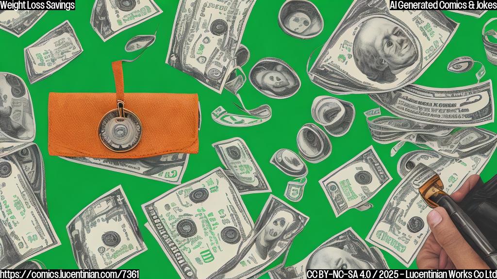 a cartoon style drawing with a green background. In the center, a money bag with a dollar sign on it is visibly shrinking in size. Next to it, a measuring tape is wrapped around a pair of pants, indicating a smaller waist size. The style is simple and colorful.