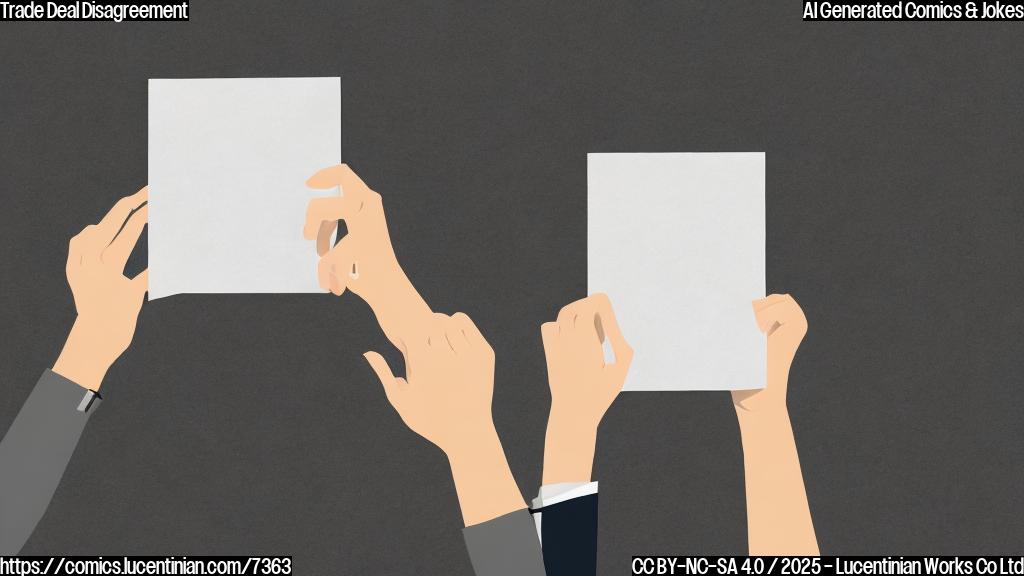 Cartoon style, plain color background, two hands reaching towards each other, one holding a stack of papers, the other holding a crumpled napkin. The hand with the papers looks confident, the hand with the napkin looks embarrassed.