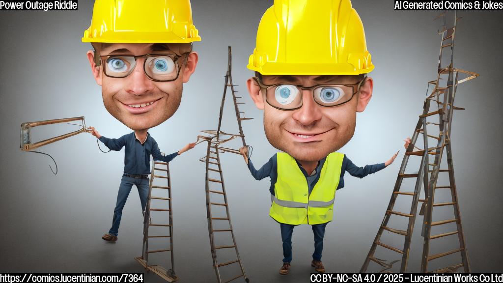 A cartoon style image of a slightly frazzled electrical engineer, wearing a hard hat and carrying a comically oversized ladder, standing in complete darkness. The background is a solid, dark gray color.