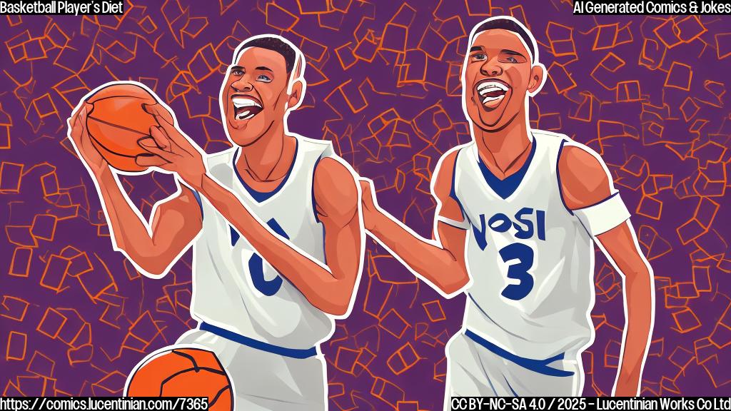 A cartoon illustration of a basketball player happily eating a plate full of numbers, only even numbers are present. The player is wearing a generic basketball uniform, and the background is a basketball court. The style is simple, with bright, plain colors.