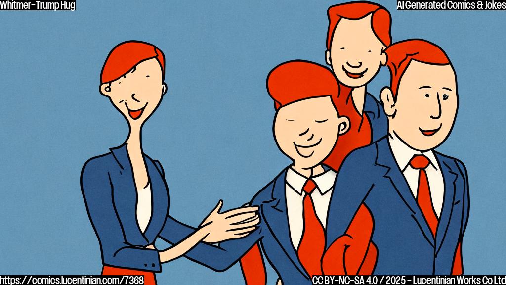 Cartoon drawing. A smiling woman with short brown hair, wearing a dark blue suit, hugging a tall man with orange hair, wearing a dark suit and a red tie. The background is a plain light blue. Style: Simple, flat colors, no shading.