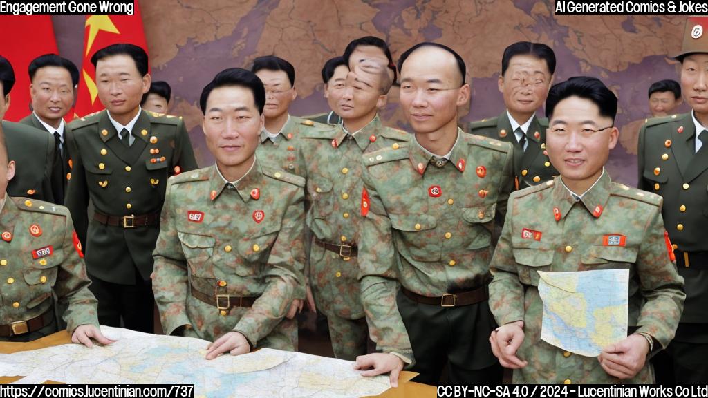 a smiling, middle-aged diplomat with a confused expression and a map of East Asia behind them, surrounded by two North Korean soldiers wearing similar uniforms and looking equally perplexed