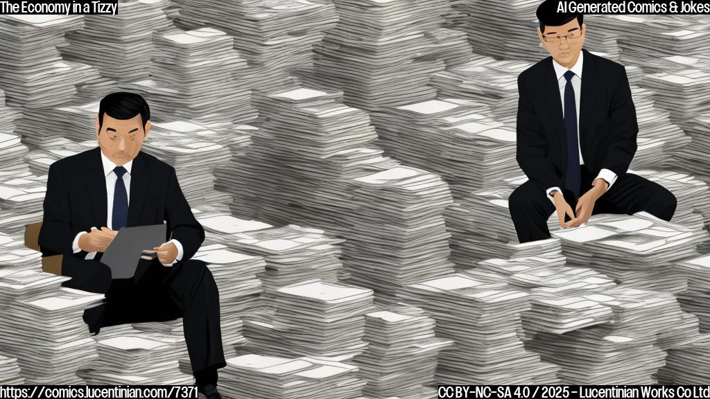 A businessperson with a worried expression, sitting at a desk with scattered papers and a phone in the background. The businessperson is surrounded by stacks of boxes with Chinese labels on them, symbolizing cancelled orders and postponed expansion plans. In the distance, a large, ominous-looking tax bill looms over the scene, representing President Trump's tariffs. The overall tone should convey anxiety and uncertainty.