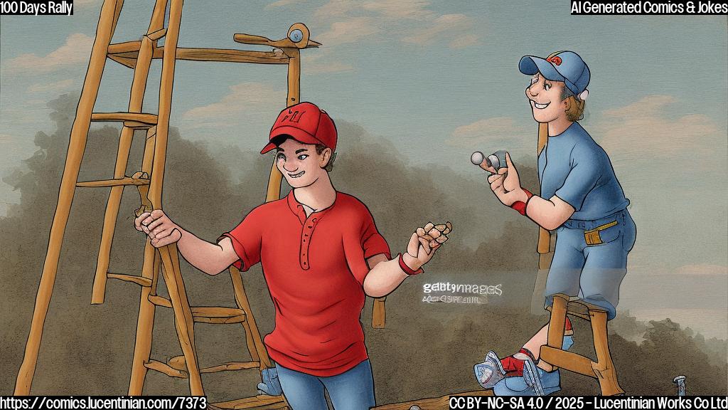 a plain color cartoon style picture of a person wearing a red baseball cap and holding a ladder looking at a distant point, set against a background filled with smiling faces