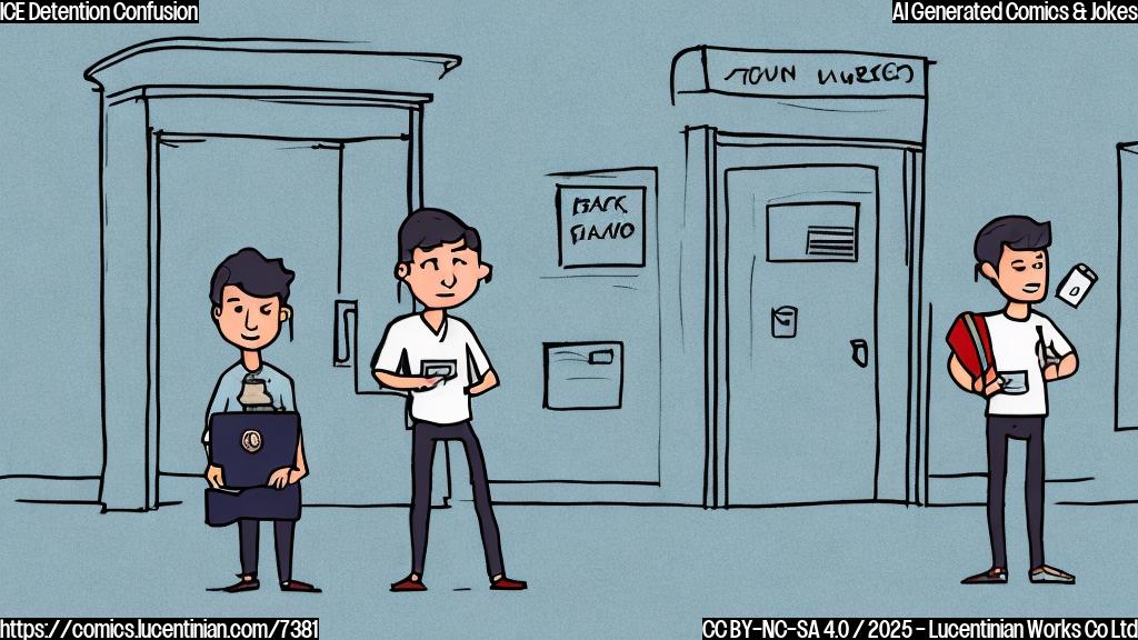 A cartoon drawing depicting a confused international student with a backpack and a large map, standing in front of a nondescript government building with a stern-looking official in the doorway. The background is a plain, light blue color. The style should be simple and uncluttered.