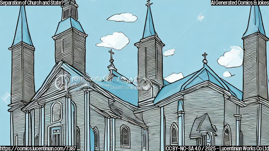 Cartoon style, plain light blue background. A building with a steeple, resembling a church, has a sign that says "Public School" next to the traditional church sign. A bag of money is leaning at the entrance door.