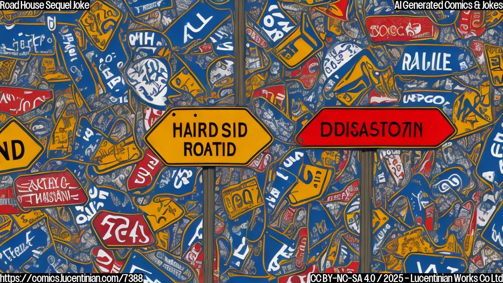 A cartoon style image of a road sign with many directions written in different crazy fonts. In the background a plain color.