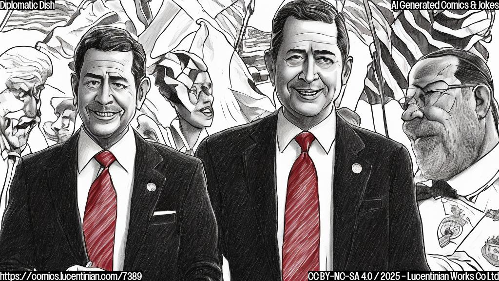Draw a cartoon image of a serious-looking U.S. Senator, depicted as a figure in a dark suit and red tie, holding an empty bowl. Opposite him, draw a smiling El Salvador's President, illustrated in a light-colored casual shirt. The background should feature the flags of the United States and El Salvador. The style should be simple and cartoonish, with plain colors.