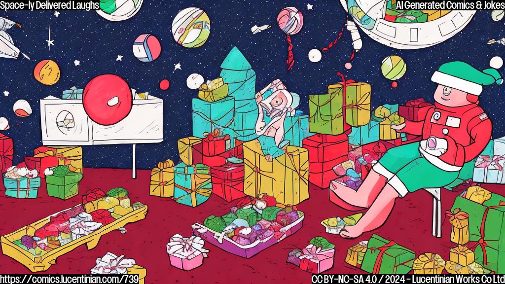 Illustrate a cartoon-style picture of a cargo ship in space with a therapist's couch floating alongside, surrounded by holiday treats and a few stars