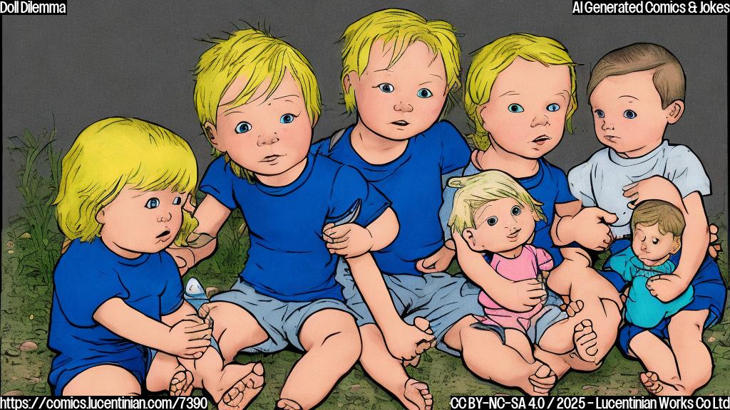 A plain color cartoon style picture. A child with blonde hair, wearing a blue t-shirt, sitting on the floor surrounded by two dolls. The child has a worried expression on their face.