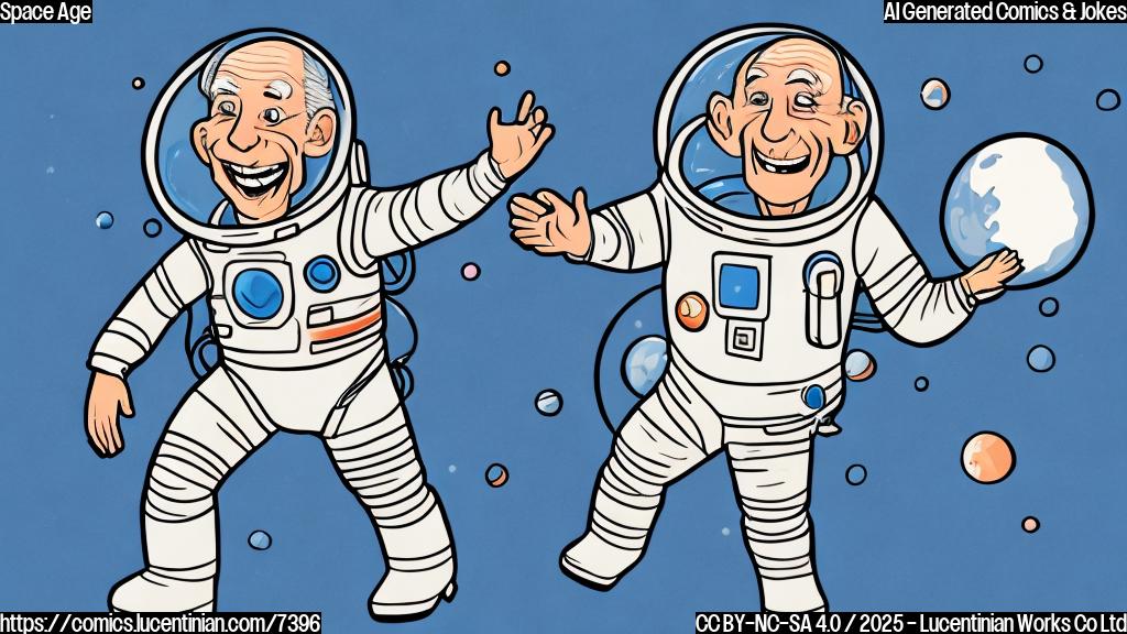 A cartoon drawing of an elderly man in a spacesuit, floating weightlessly with a big smile on his face against a plain blue background.