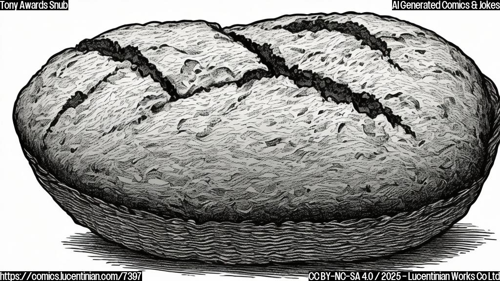 A single, disappointed-looking loaf of sourdough bread with a frown, placed on a stage with an empty spotlight shining on it. The background is a plain light blue. Cartoon style.