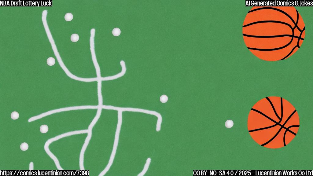 A simple, plain color cartoon style picture of a green rabbit's foot on a basketball court near the lottery machine with balls with numbers.